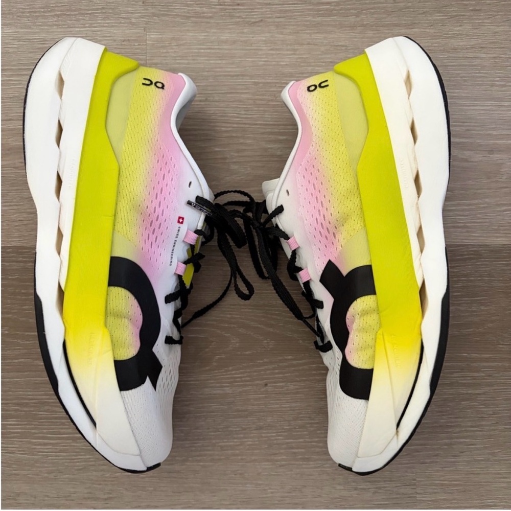 On Running cloudboom max size 10.5 Shoes in White with Yellow & Pink